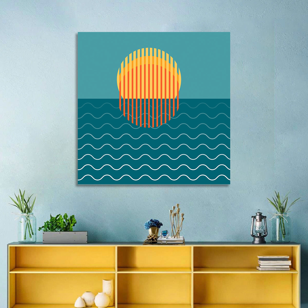 Teal Ocean Sunset Illustration Wall Art