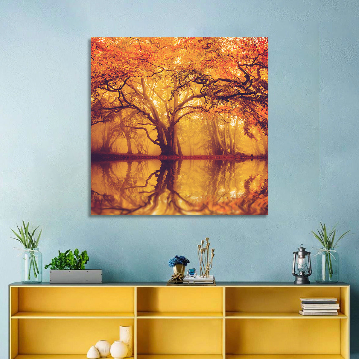 Golden Mist Forest Reflection Wall Art