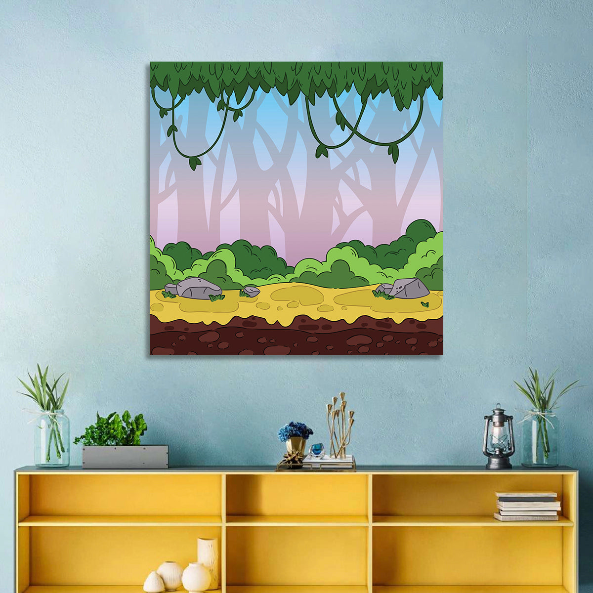 Playful Jungle Path Illustration Wall Art in a room, square