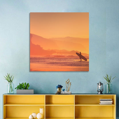 Surfer Silhouette at Golden Sunset Wall Art