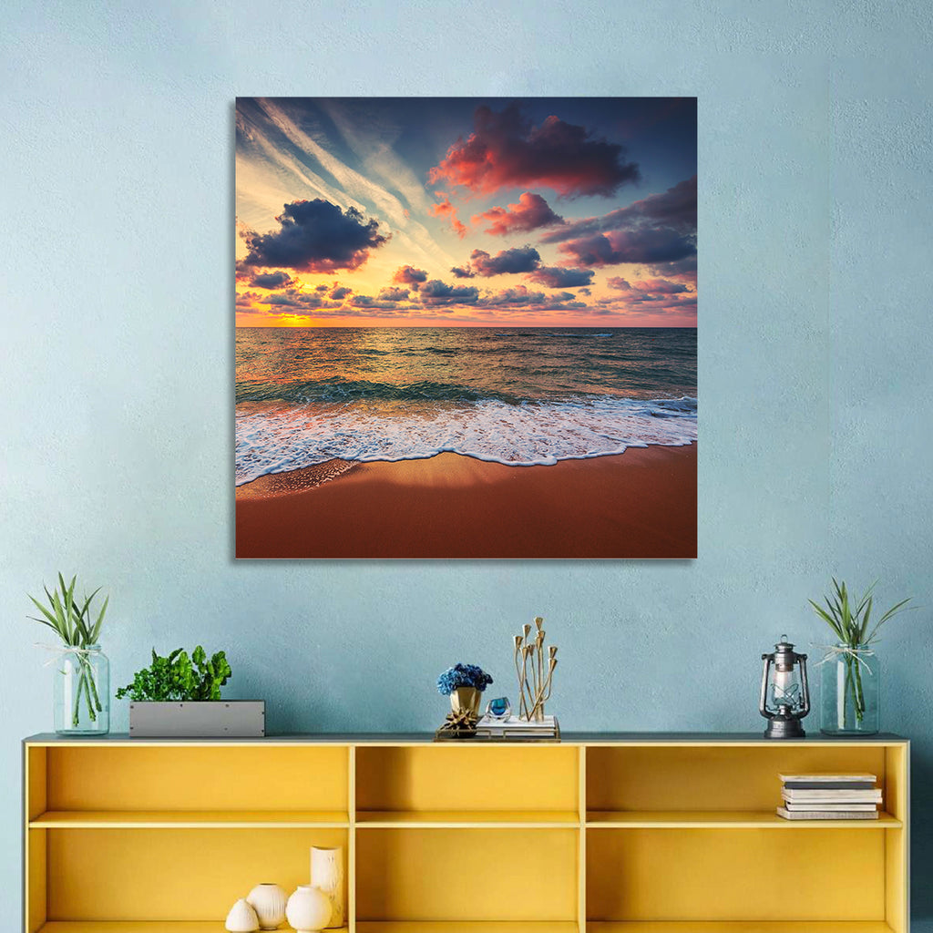 Golden Hour Beach Waves Under Cloudy Sky Wall Art
