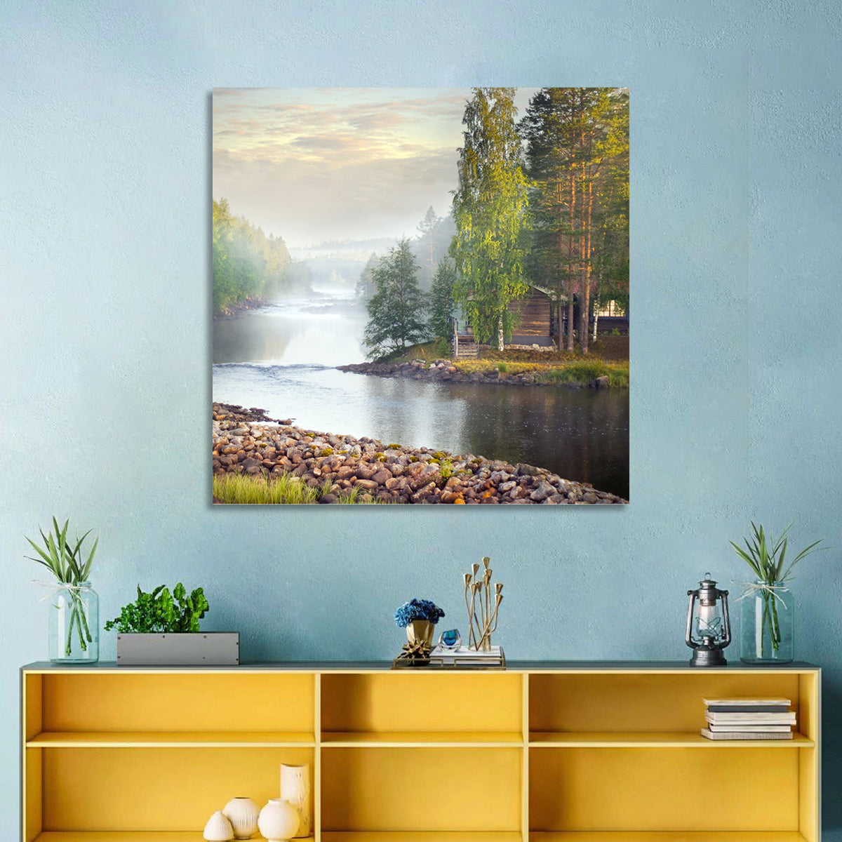 Misty River with Red Roof Cabin Wall Art