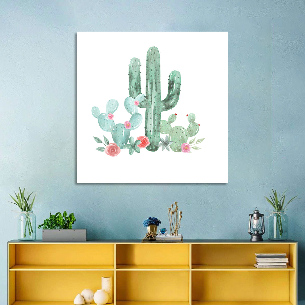 Watercolor Cactus Bouquet Wall Art in a room, square