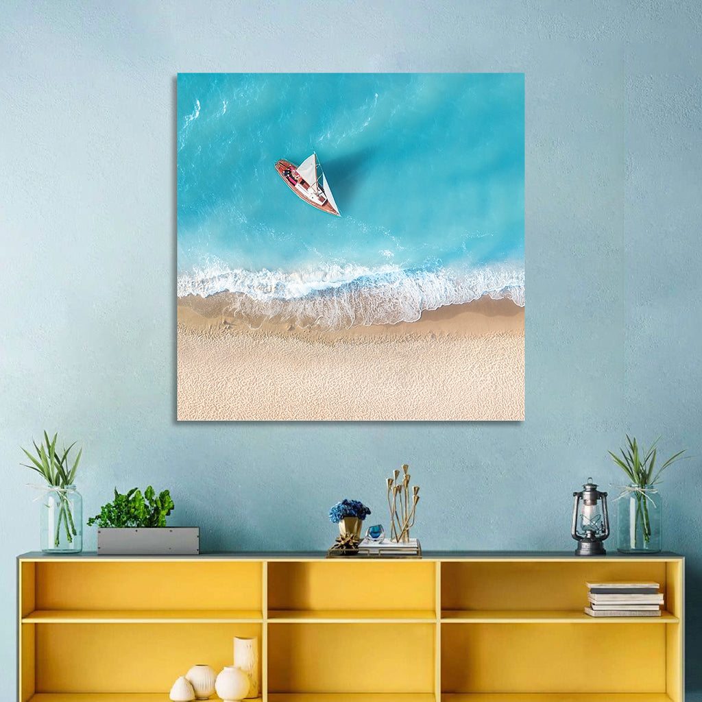 Centered Sailboat Over Turquoise Sea Wall Art