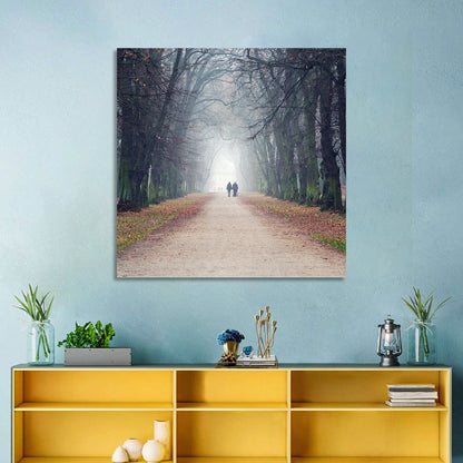 Foggy Tree Lined Walkway in Autumn Wall Art