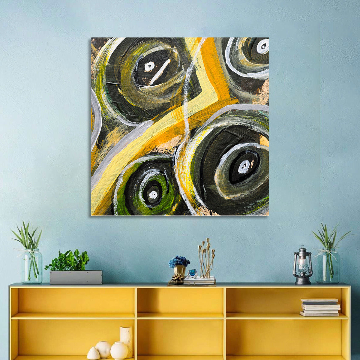 Impasto Swirl Circles in Yellow and Black Wall Art