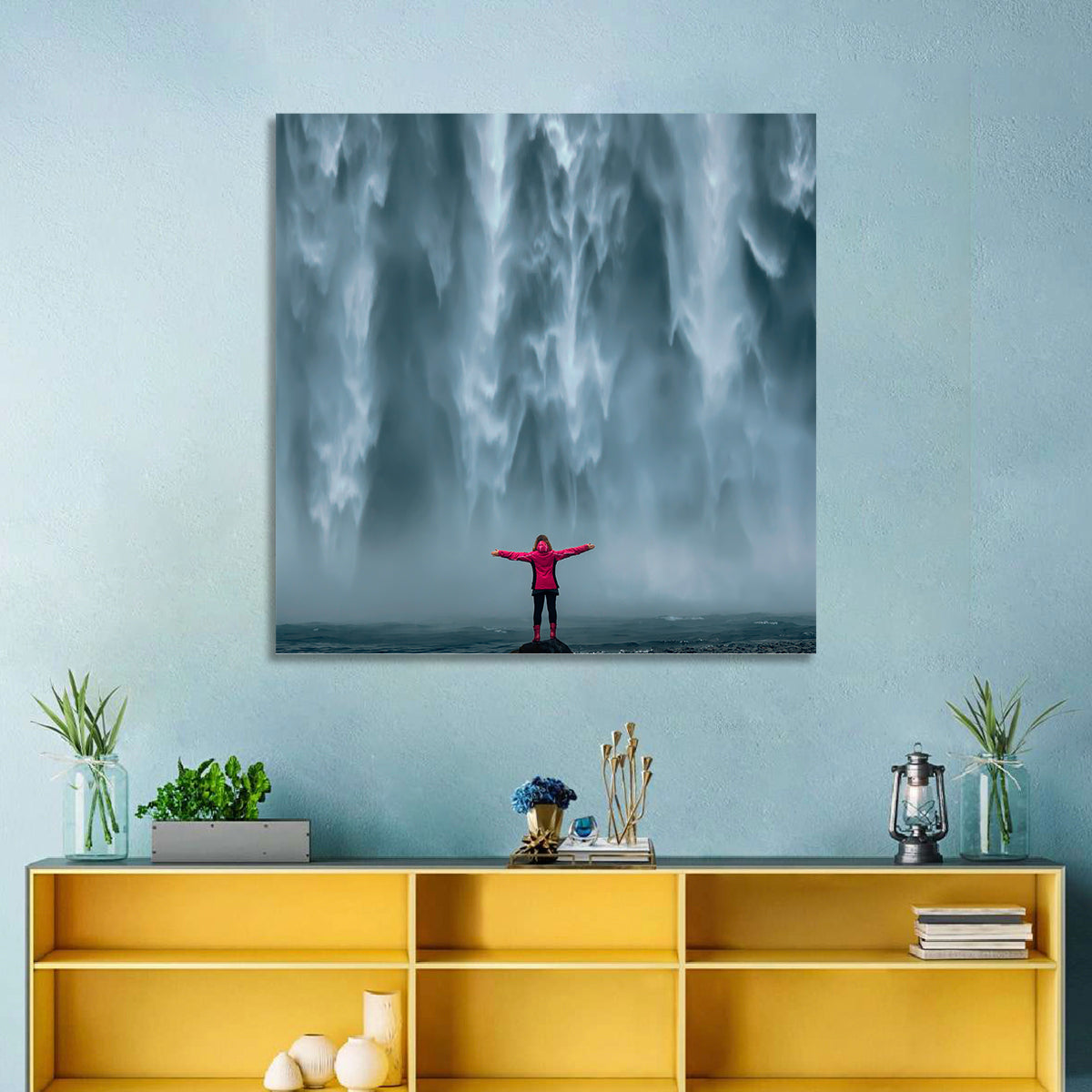 Skogafoss Waterfall with Figure in Pink Wall Art