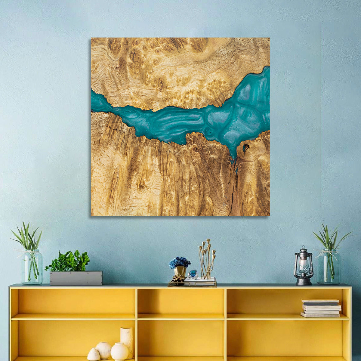 Burled Wood River with Teal Resin Wall Art