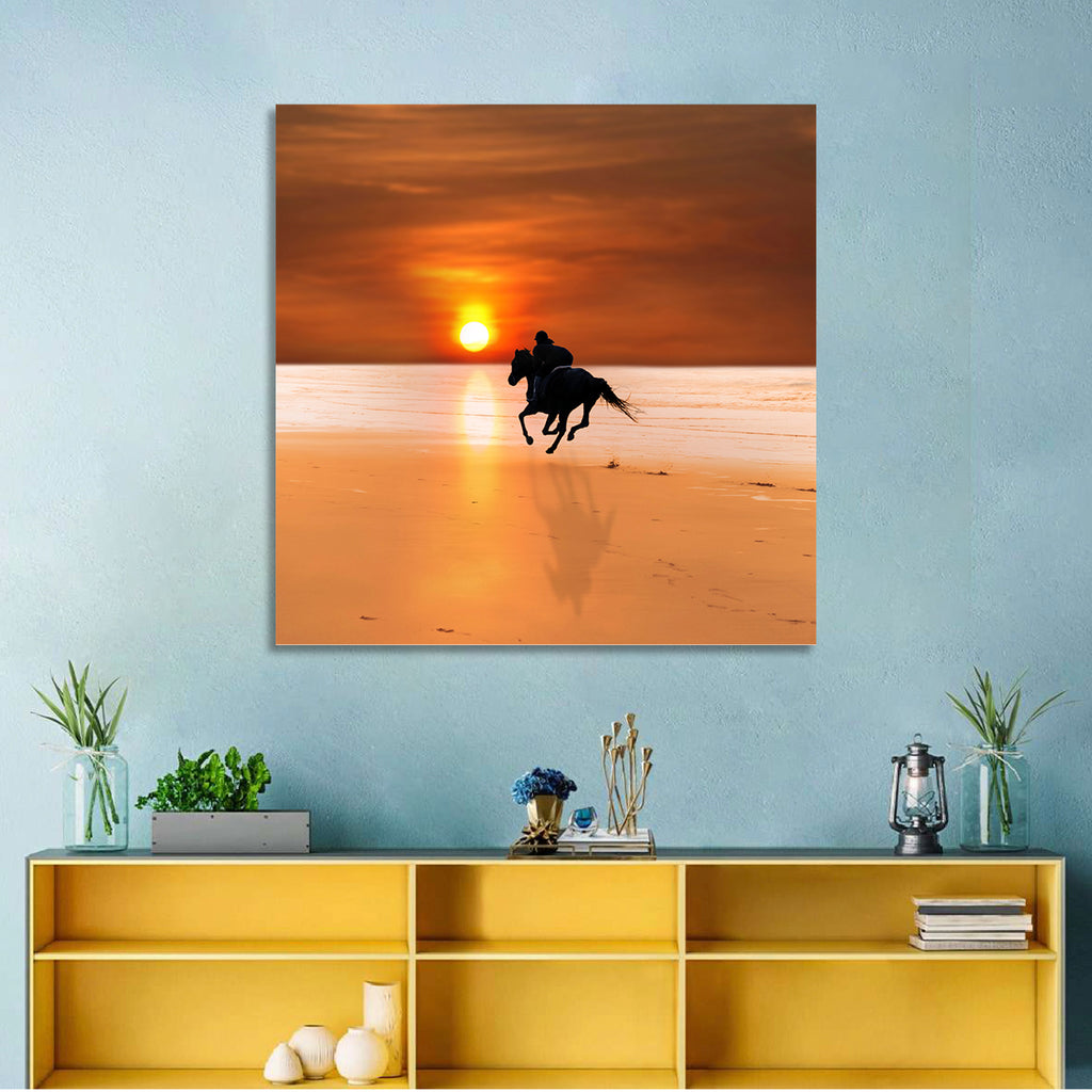 Horse and Rider at Sunset Wall Art