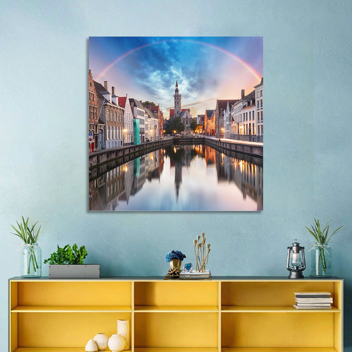 Bruges Twilight Rainbow Over Spiegelrei Canal Wall Art in a room, square