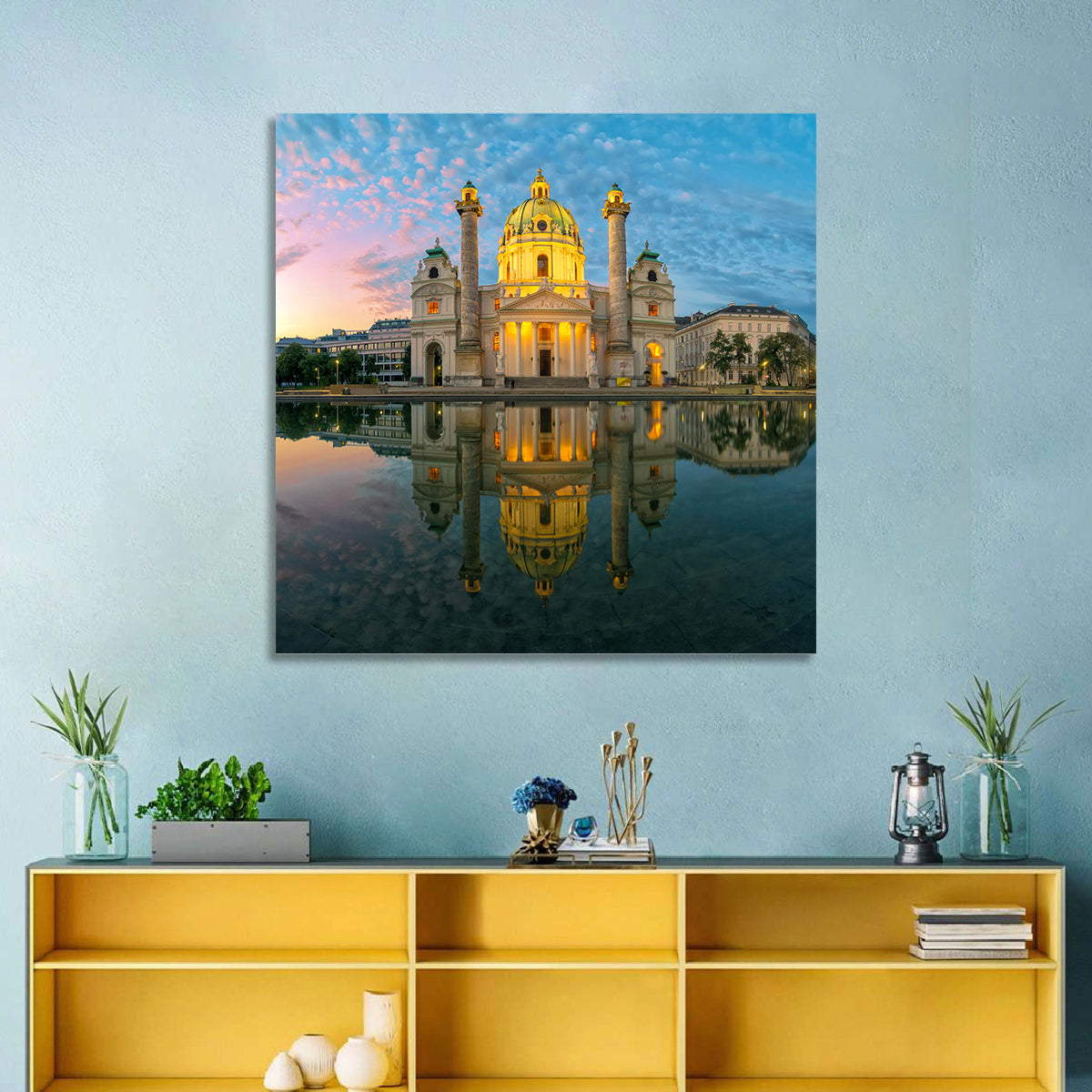 Karlskirche Golden Hour Reflection Wall Art in a room, square