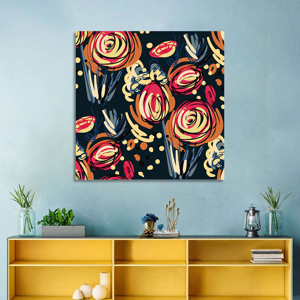 Colorful Scribbled Floral Pattern Wall Art in a room, square