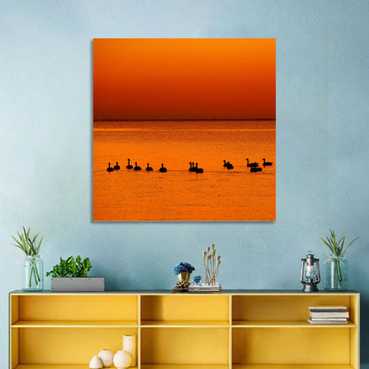 Geese Silhouettes at Orange Sunset Wall Art
