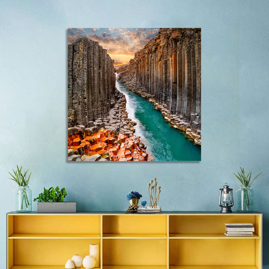 Stuðlagil Canyon Basalt Columns at Golden Hour Wall Art