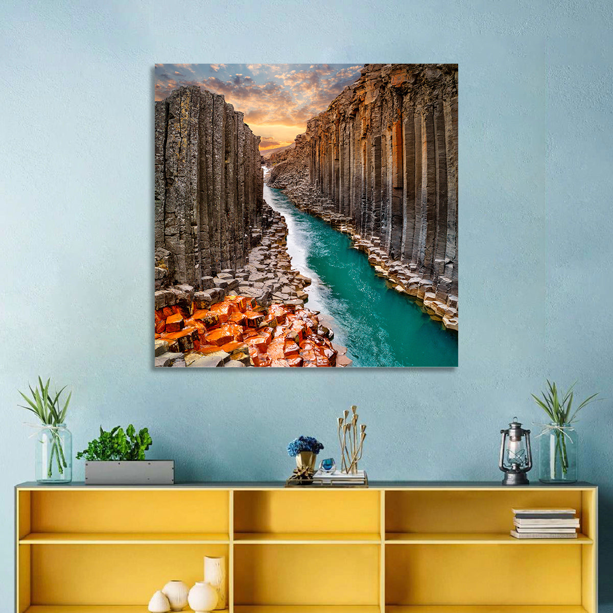 Stuðlagil Canyon Basalt Columns at Golden Hour Wall Art in a room, square