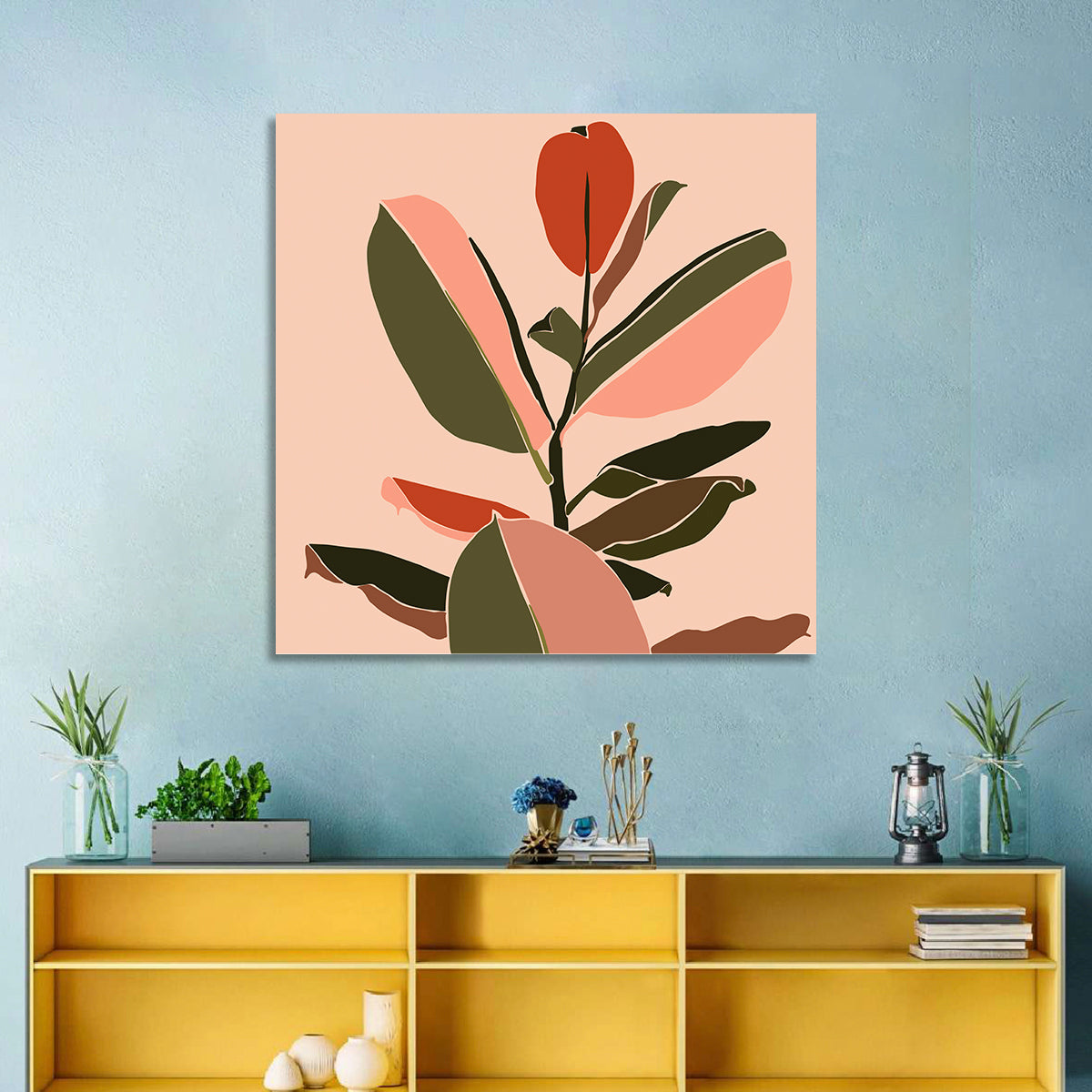 Ficus Leaves Silhouette Wall Art in a room, square