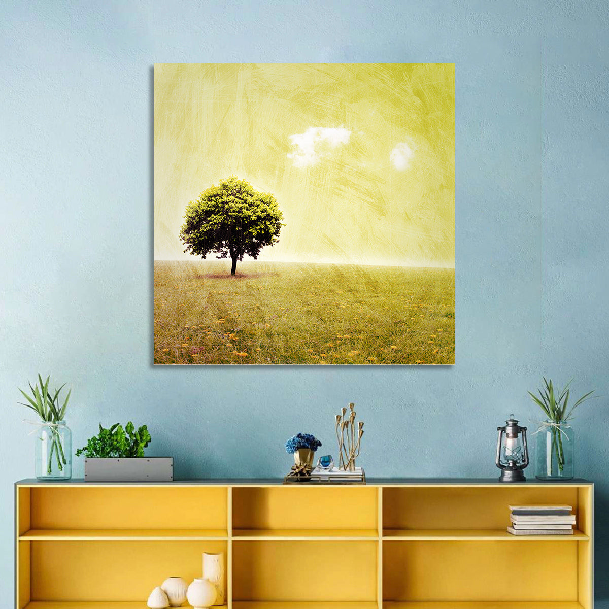 Grunge Tree in Meadow Wall Art in a room, square