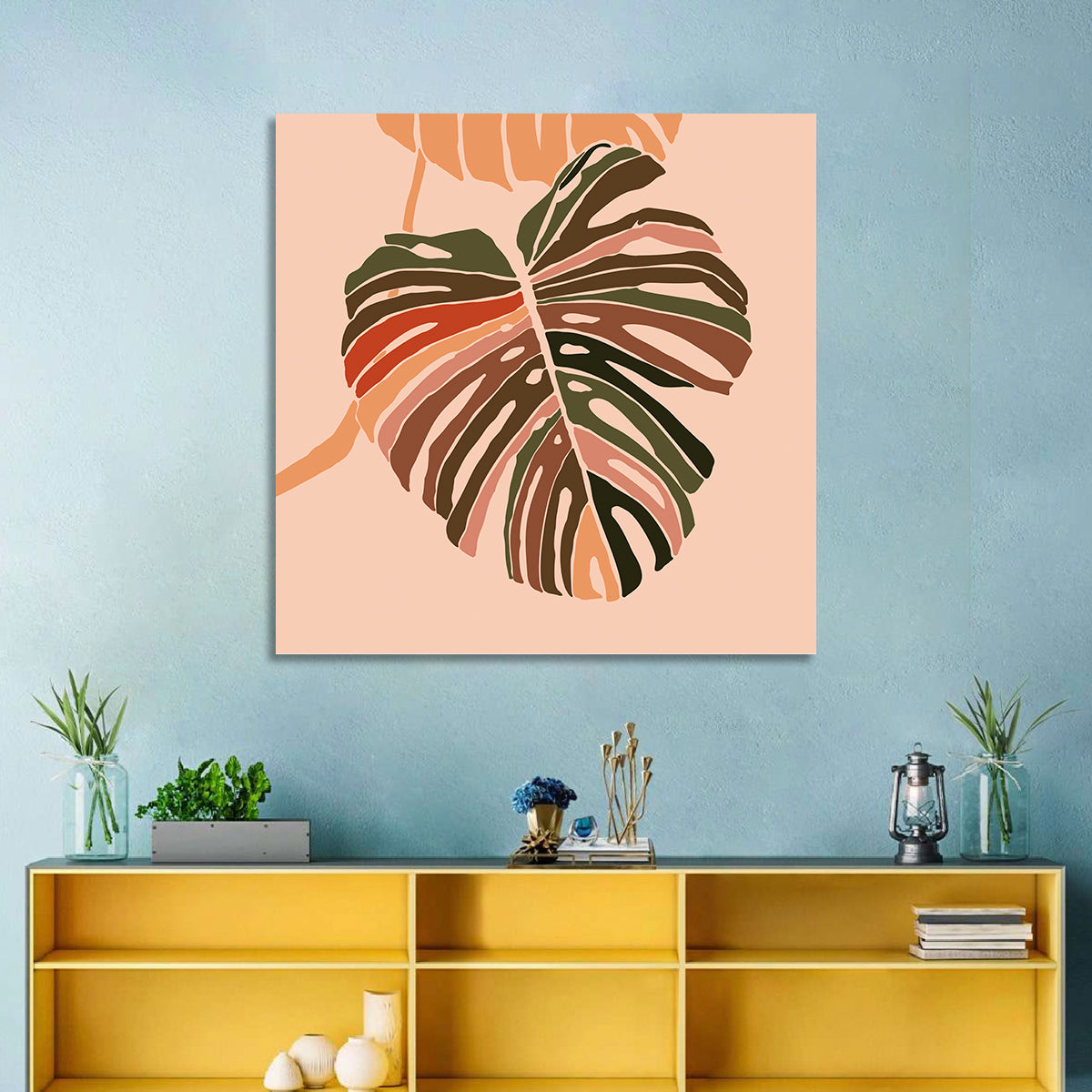 Monstera Leaf Abstract Wall Art in a room, square