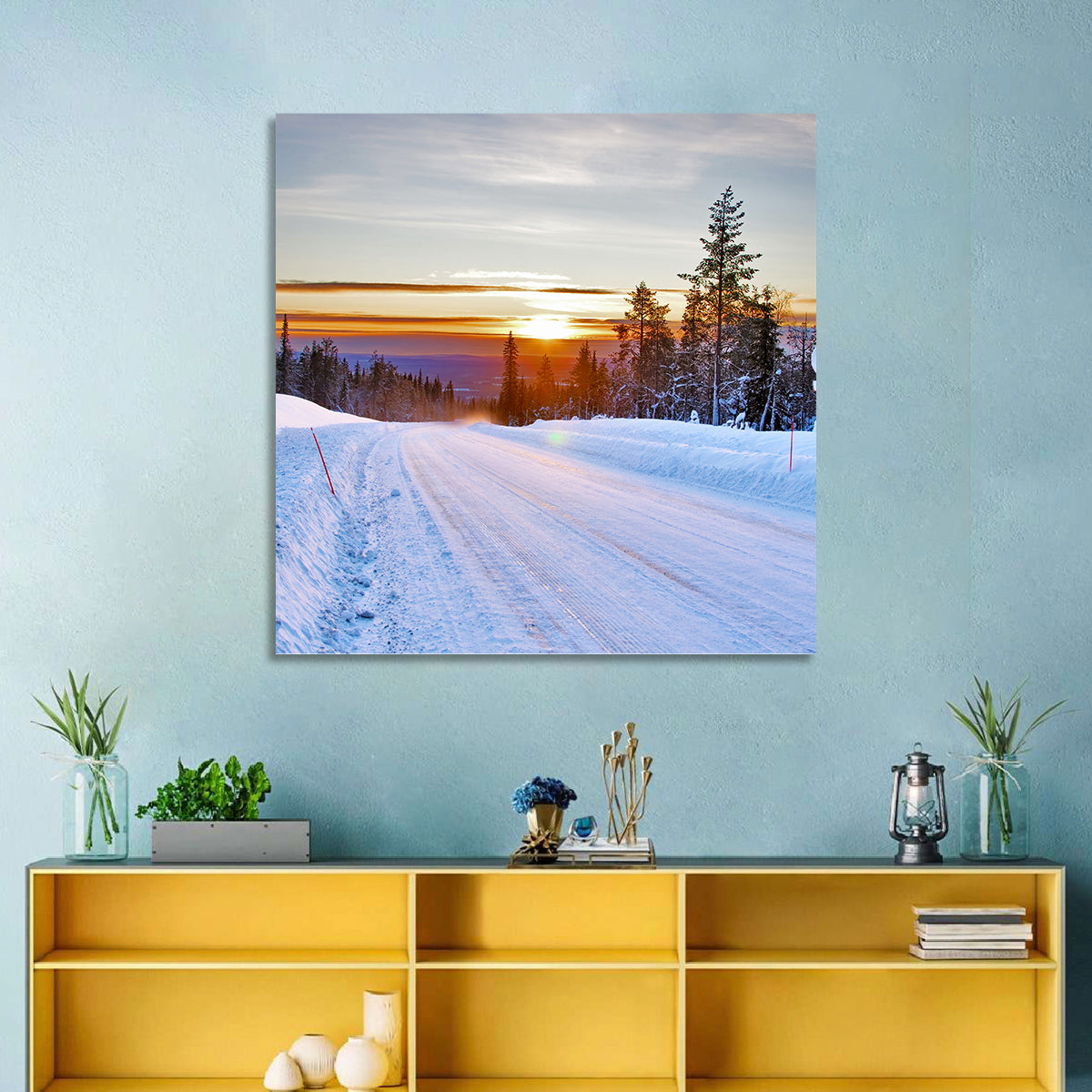 Snowy Road at Sunset Wall Art