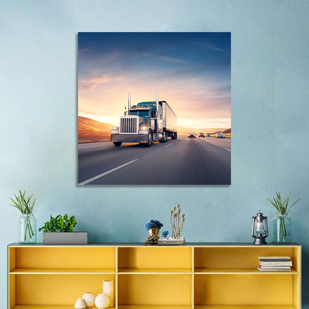 Semi Truck Highway Sunset Wall Art