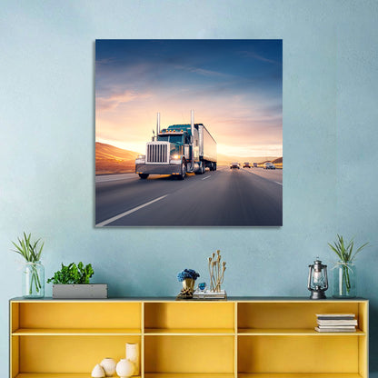 Semi Truck Highway Sunset Wall Art