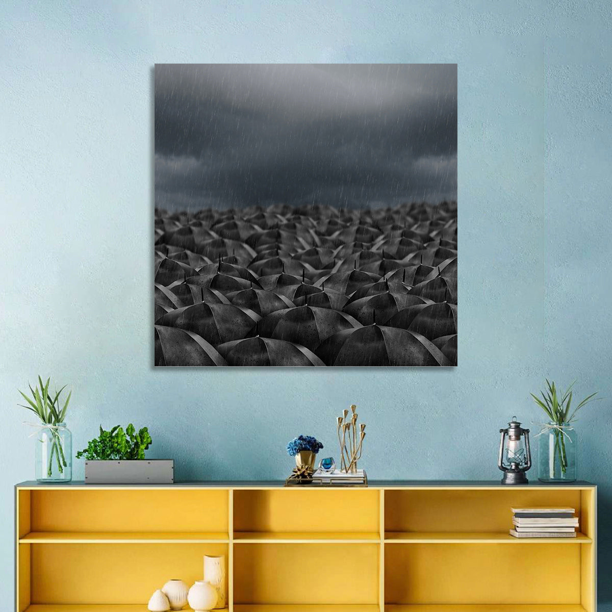 Clustered Umbrellas in Rain Wall Art