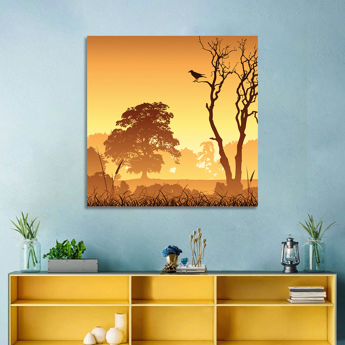 Golden Mist Tree Silhouettes with Crow Wall Art in a room, square