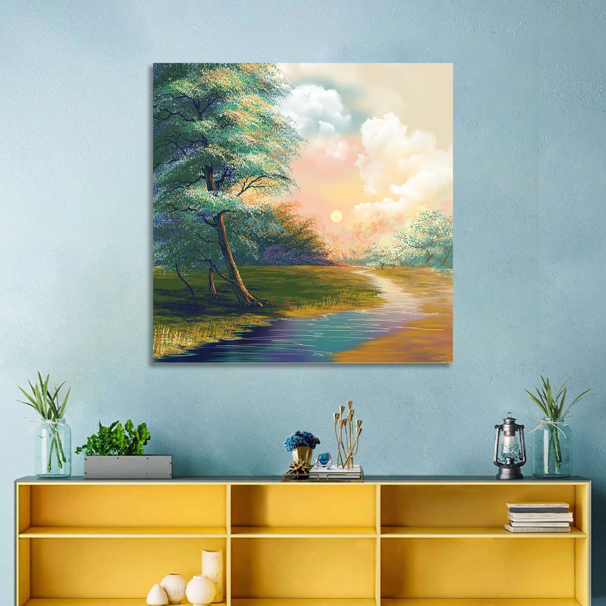 Spring Forest Sunrise Wall Art in a room, square