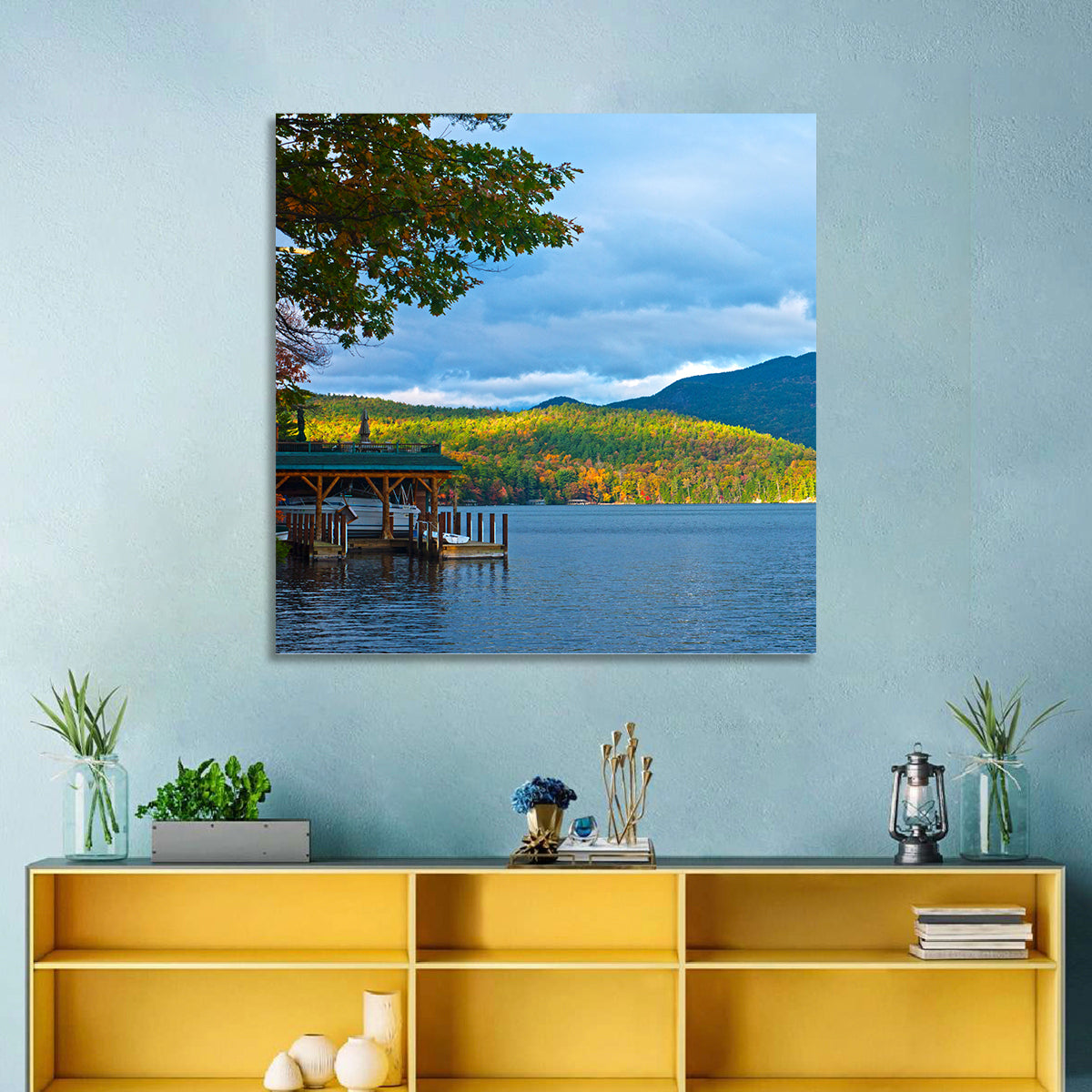 Lake George Boathouse in Autumn Wall Art
