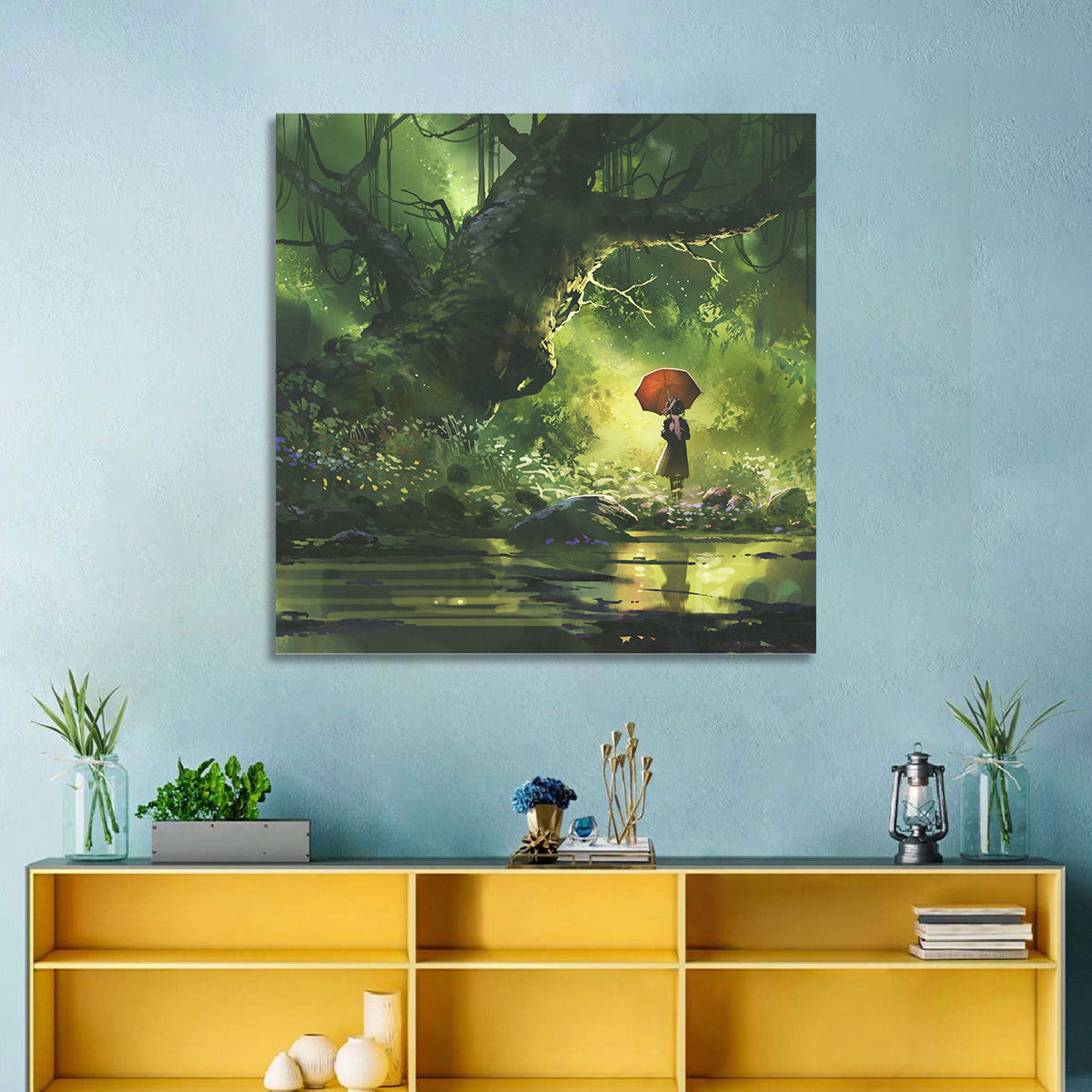 Girl with Umbrella in Mysterious Forest Wall Art