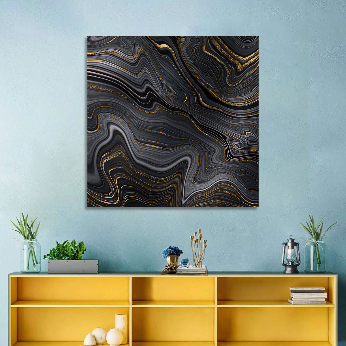 Black Marble with Gold Veins Wall Art in a room, square