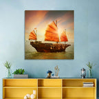 Red Sailed Junk at Victoria Harbour Wall Art