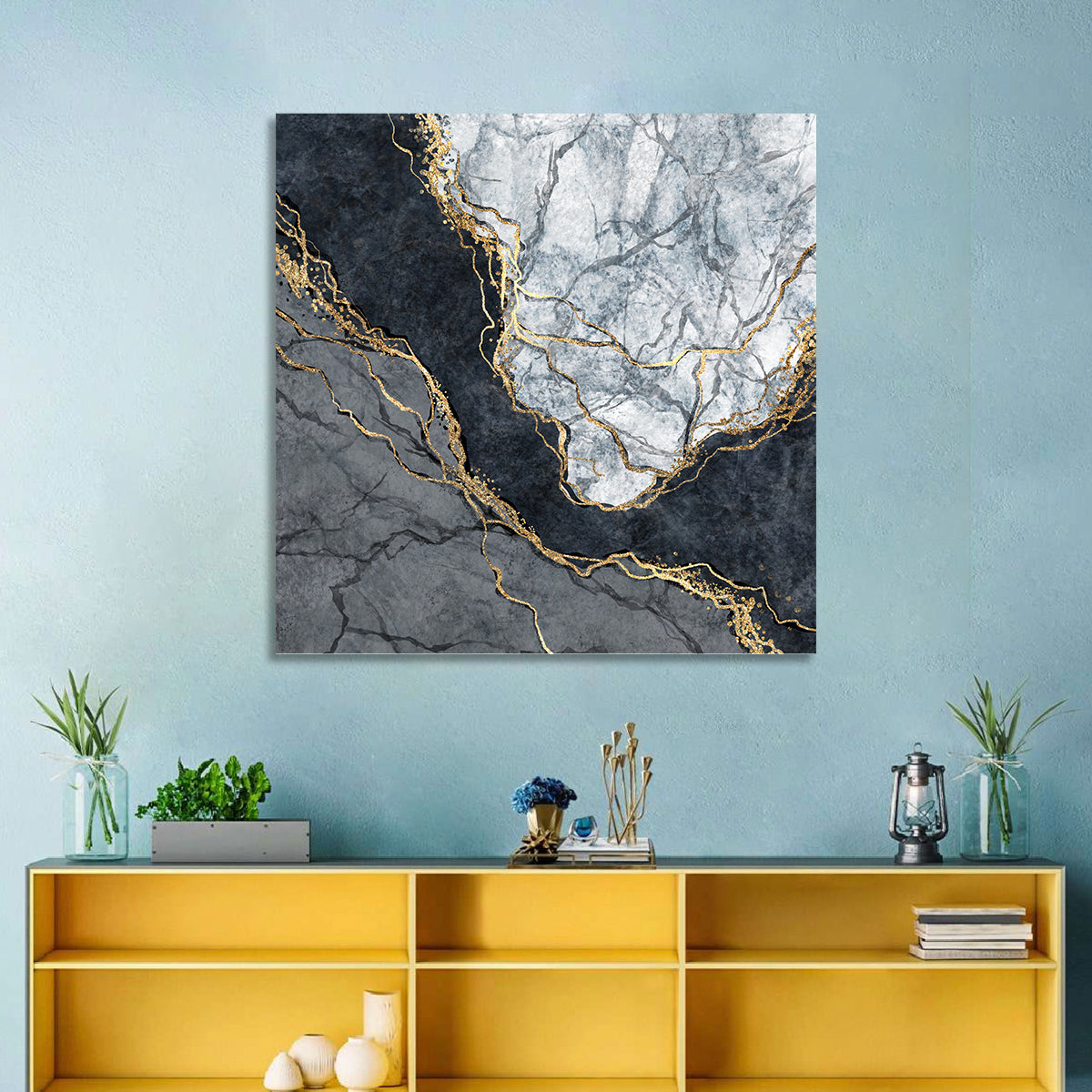 Black Stream Golden Veins Abstract Wall Art in a room, square