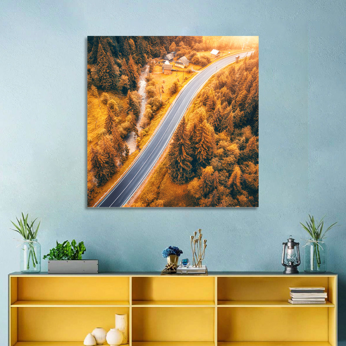 Carpathian Autumn Road Wall Art in a room, square