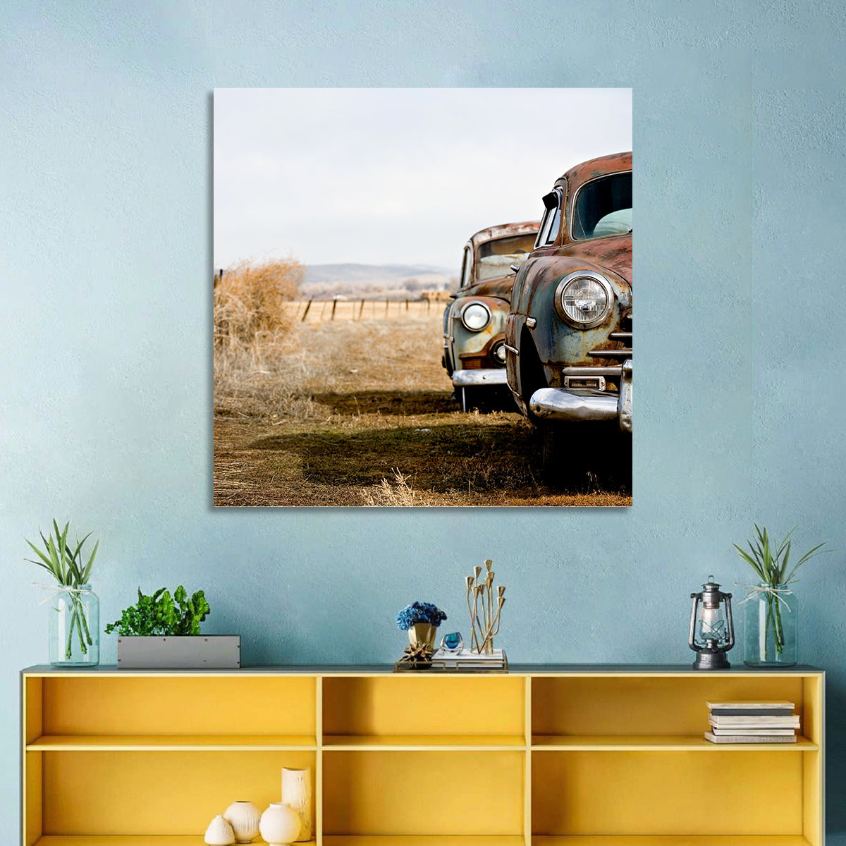 Abandoned Rusty Vintage Cars Behind Barbed Wire Wall Art