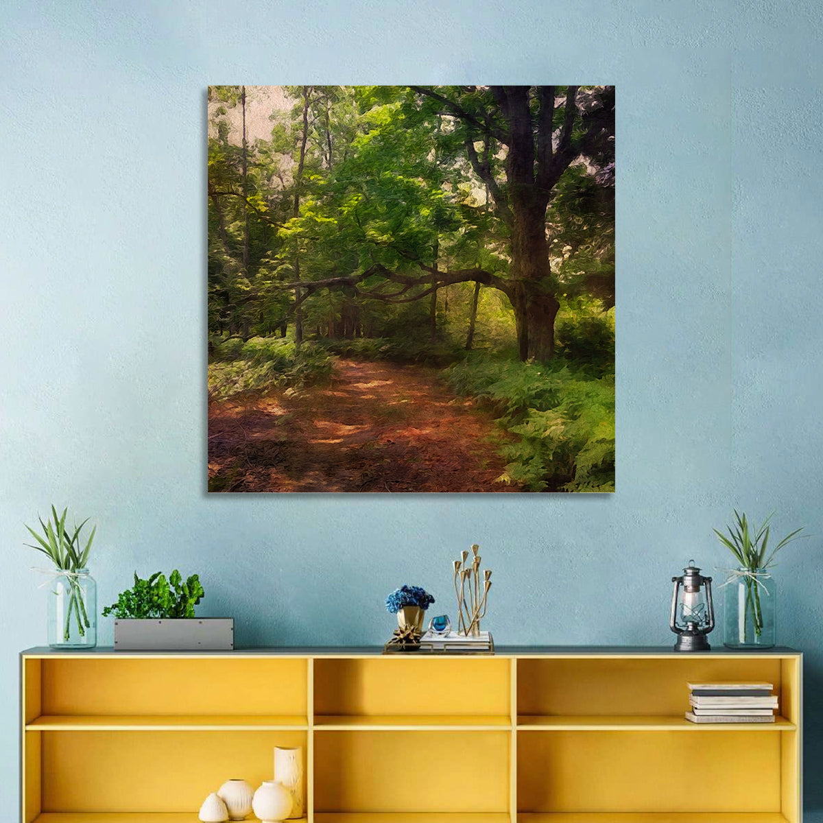Sunlit Forest Trail Wall Art in a room, square
