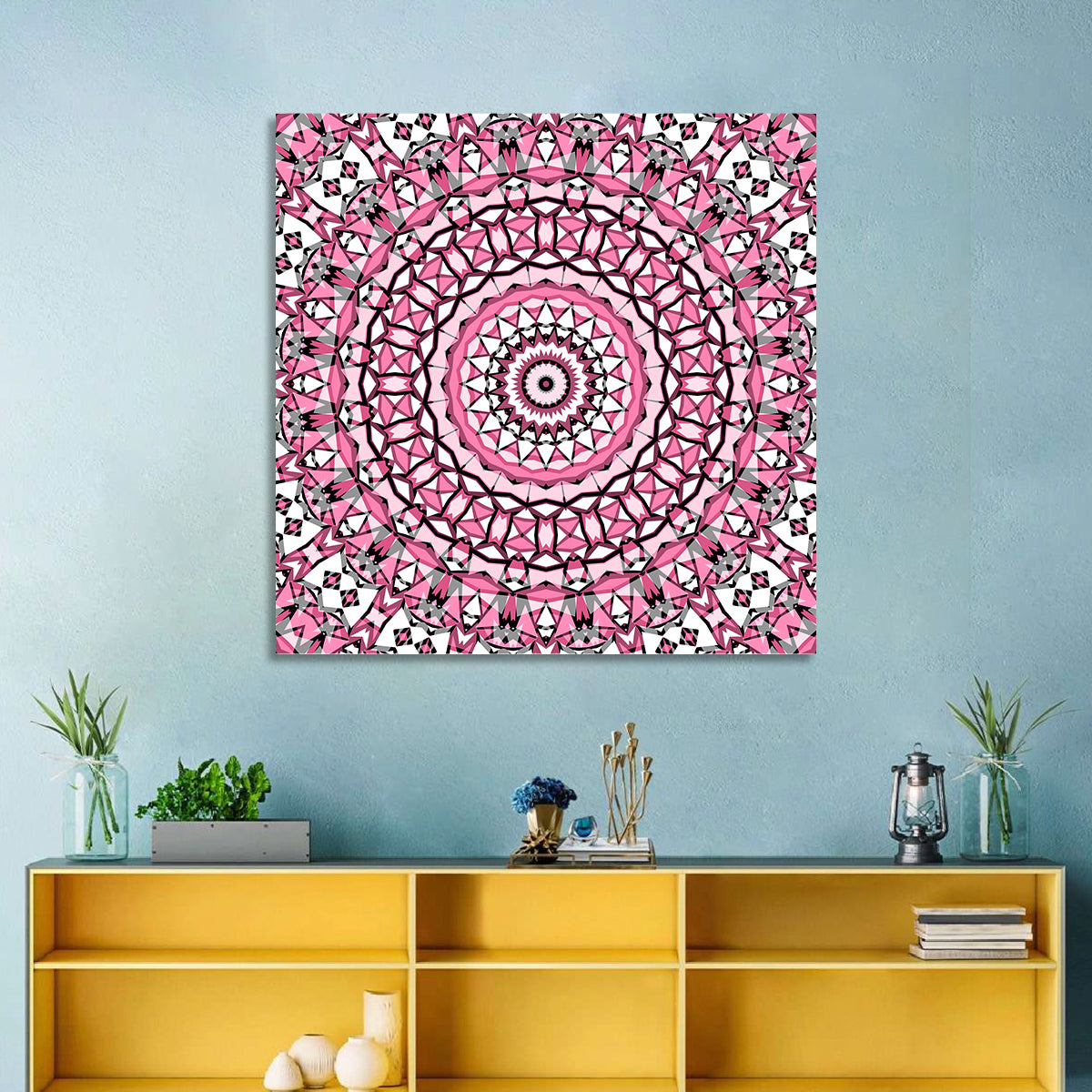 Pink Mosaic Kaleidoscope Mandala Wall Art in a room, square