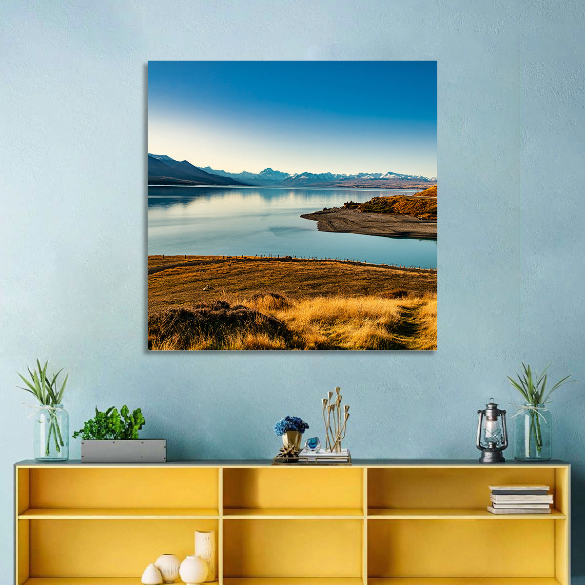 Lake Pukaki Golden Hour with Mount Cook Wall Art in a room, square