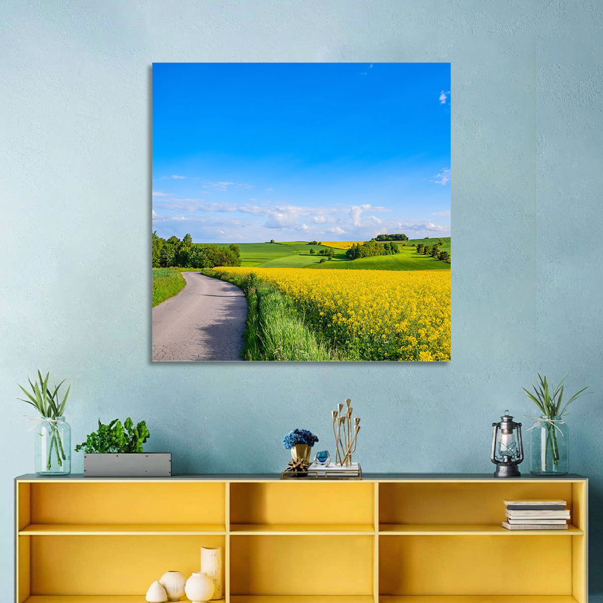 Rapeseed Field Road Under Blue Sky Wall Art