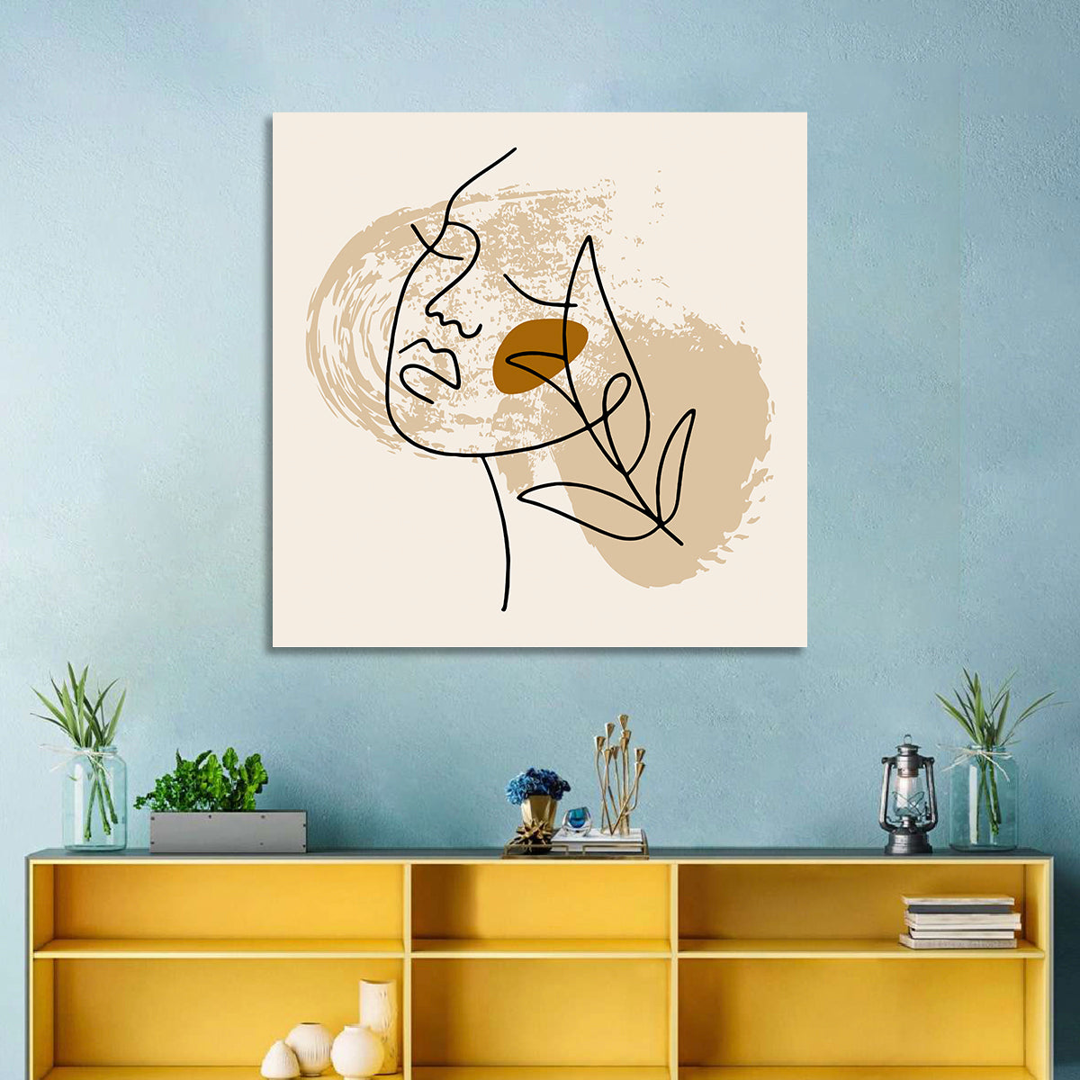 Minimalist Woman Line Portrait Wall Art in a room, square