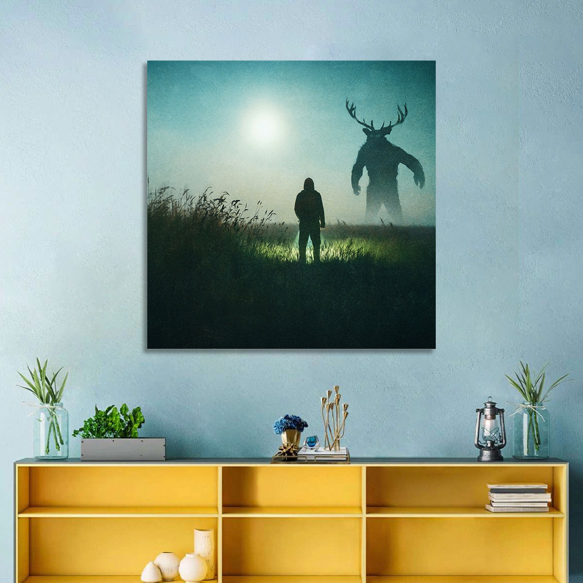 Antlered Shadow in Mist Wall Art in a room, square