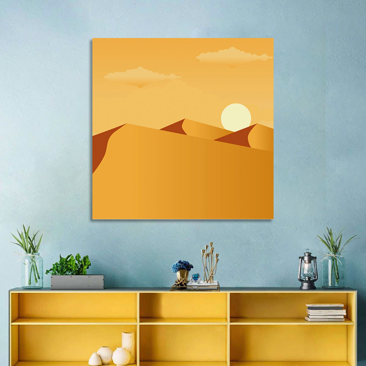 Sunset Over Sand Dunes Wall Art in a room, square