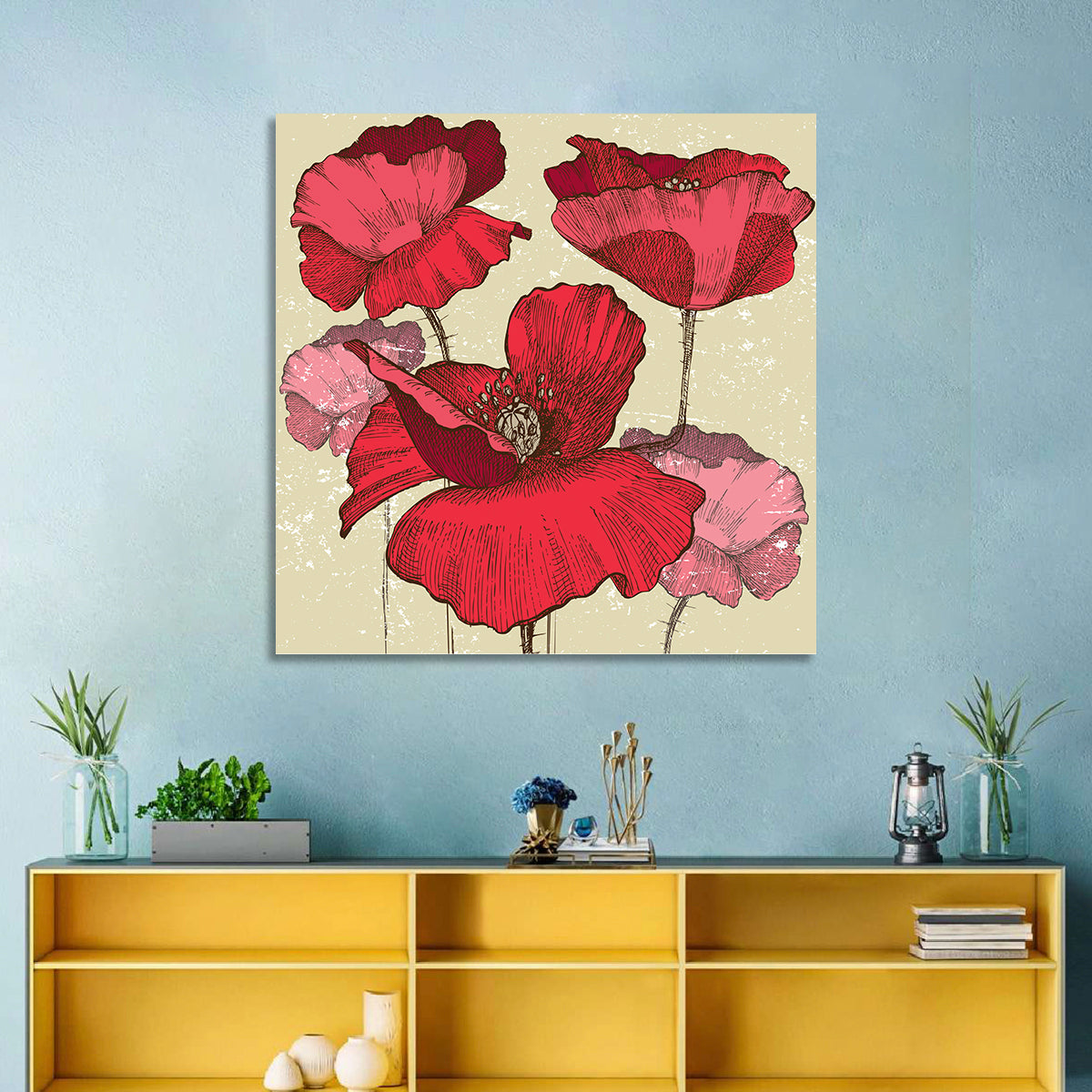 Vintage Poppy Illustration Wall Art in a room, square