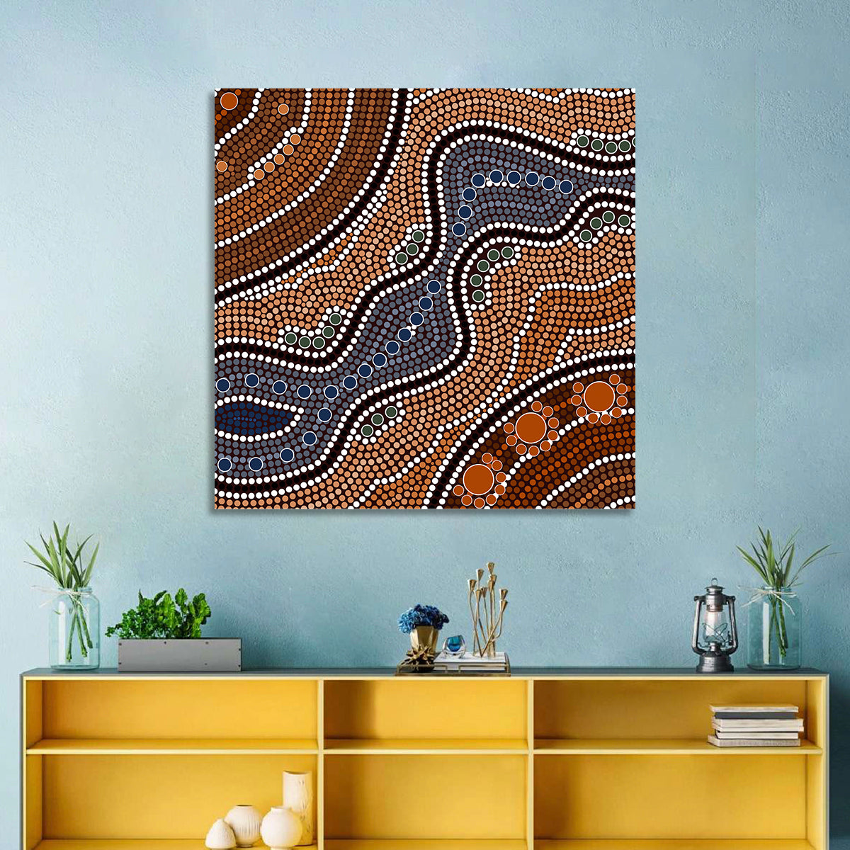 Rhythmic Dot River Wall Art in a room, square