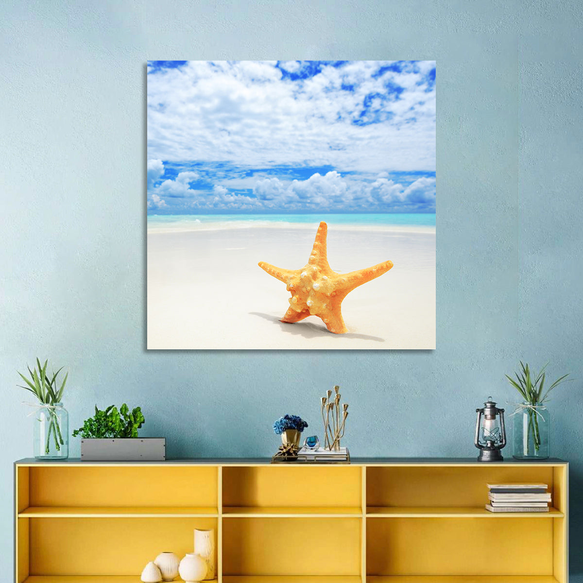 Minimalist Yellow Starfish on Turquoise Shore Wall Art
