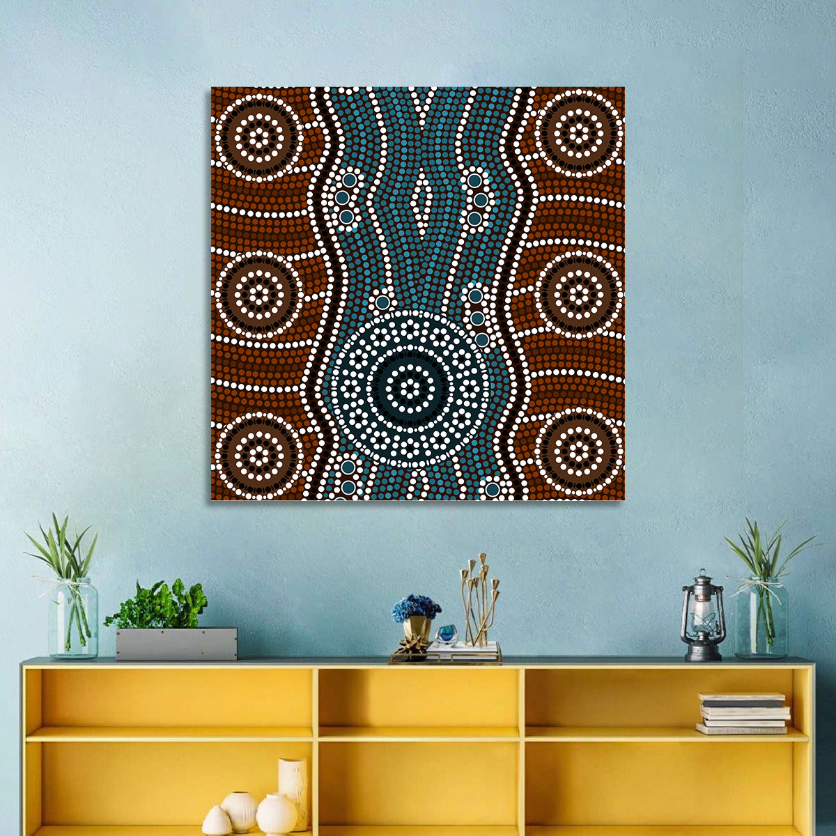 Concentric River Dot Painting Wall Art in a room, square
