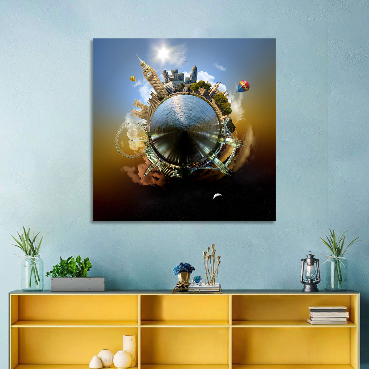 Miniature Planet London Skyline Wall Art in a room, square