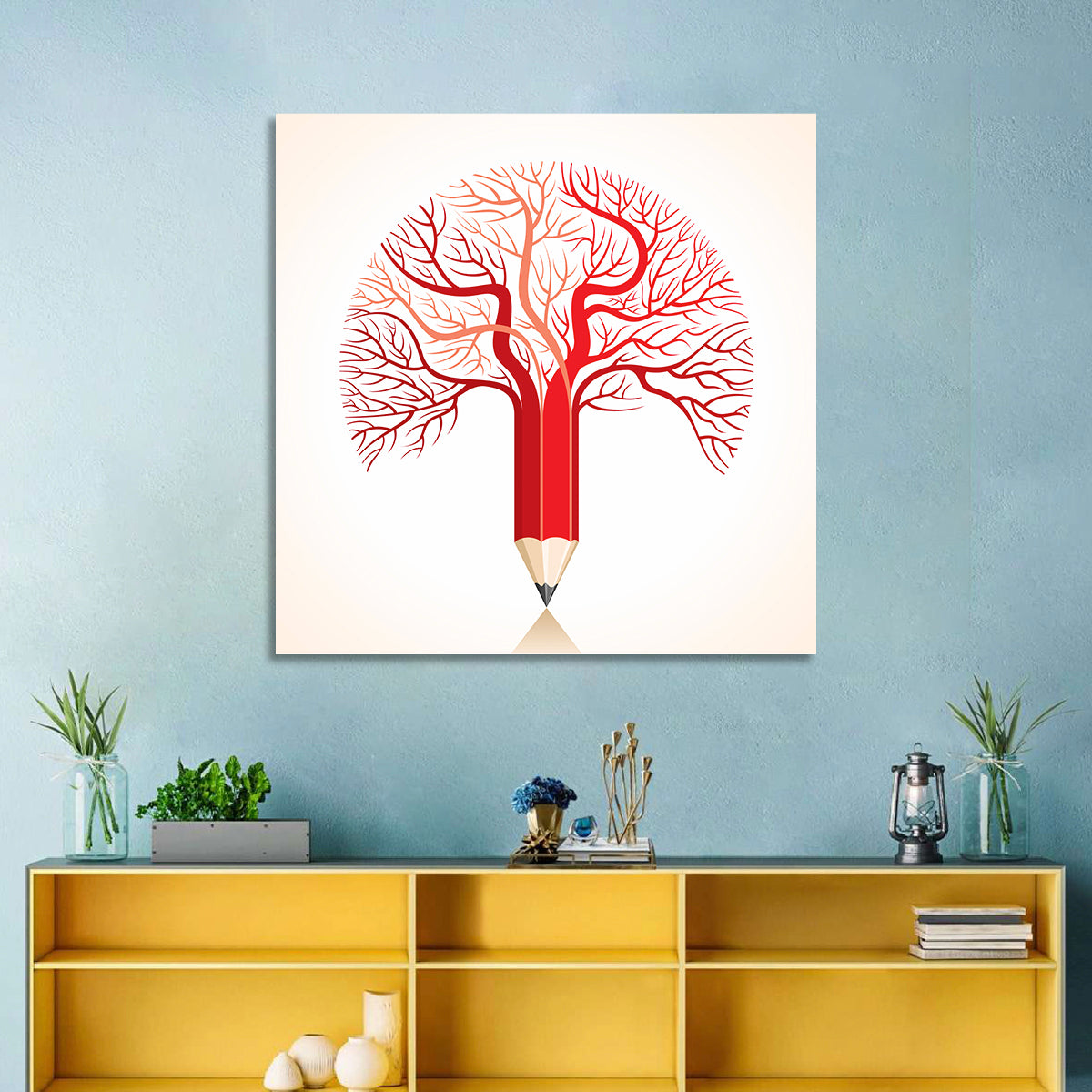 Knowledge Tree Pencil Illustration Wall Art in a room, square
