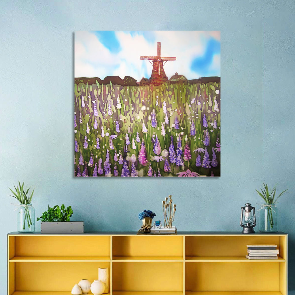 Ink Wash Windmill in Blooming Field Wall Art