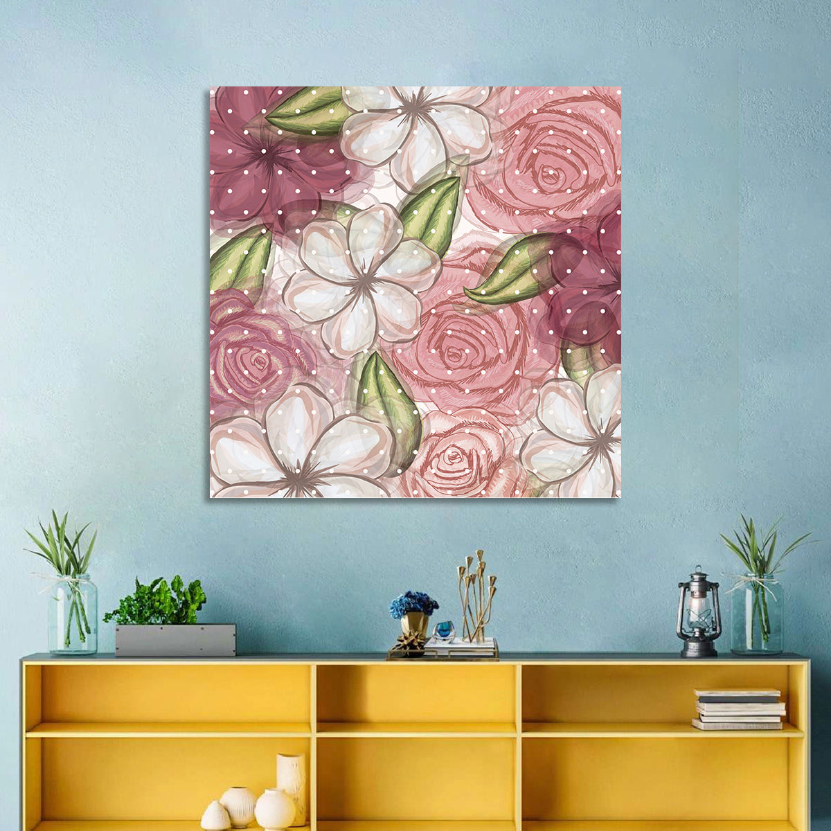 Vintage Floral Pattern with Polka Dots Wall Art in a room, square